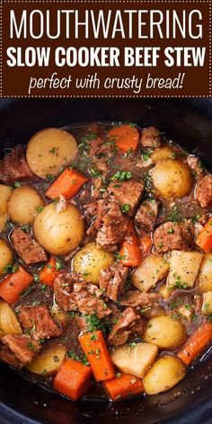 beef stew in a slow cooker with carrots and potatoes