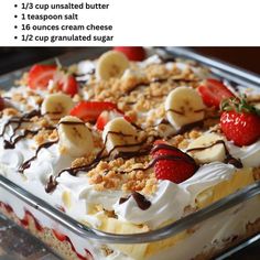 a dessert dish with strawberries and bananas on top