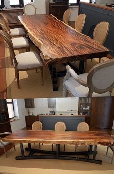 the table is made out of wood and has chairs around it