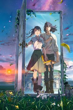 two people standing in front of an open door with the sky and stars behind them