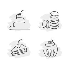 four different types of cakes and pastries on a white background, each with a single line drawing