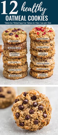 oatmeal cookies stacked on top of each other with text overlay reading 12 healthy oatmeal cookies