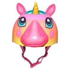 a pink and yellow helmet with a unicorn's face on it, as well as a headband