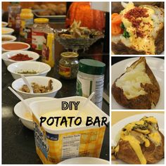 several pictures of different types of food in bowls and on plates with the words diy potato bar