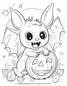 a coloring page for halloween with a bat and pumpkin