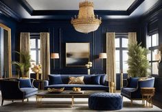 an elegant living room with blue walls and gold trimmings on the ceiling, two chairs