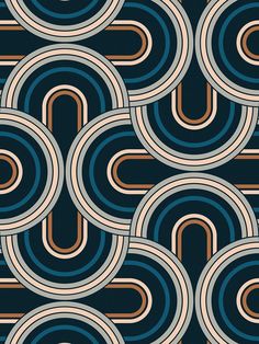 an art deco style pattern with circles and stripes on black background, suitable for wallpaper or fabric