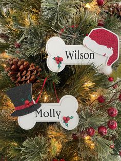 christmas ornaments are hanging on the tree in front of a pine cone and red berries