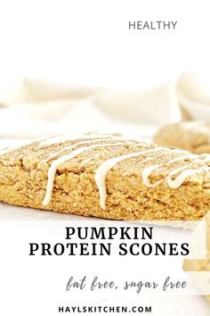 pumpkin protein scones with white frosting on top