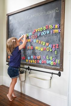 Whiteboard In Playroom, Magnetic Wall Ideas Playroom, Making A Chalkboard Diy, Magnetic Blackboard Wall, Magnetic Kitchen Wall, Chalk Wall In Playroom, Art Wall Playroom, Basement Chalkboard Wall, Magnetic Play Board