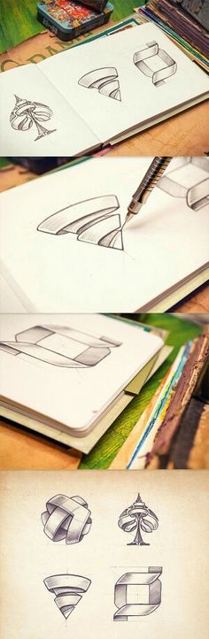 three different views of an open book on a table with pens and pencils next to it