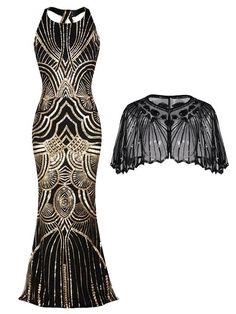 2PCS Backless 1920s Dress & Black Cape – Retro Stage - Chic Vintage Dresses and Accessories Prohibition Party Outfit, Harlem Nights Outfits, 1920s Evening Gowns, 1920s Shawl, 1920s Inspired Dresses, Dress Mannequin, Gatsby Wedding Dress, Style Année 20, 1920s Costume