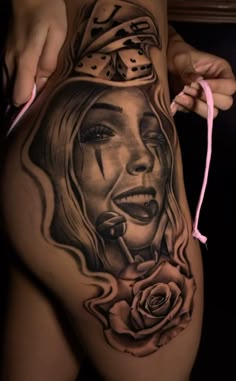 Different Thigh Tattoos, Gangsta Girl Tattoo, Chicano Tattoos For Women, Chicana Tattoos For Women, Name Tattoo On Hand, Chicano Tattoos Sleeve, Girl Face Tattoo, Realistic Tattoo Sleeve, Gangsta Tattoos