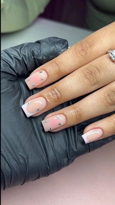 Short Square Nails Rhinestones, Nails W Rhinestones, Short Biab Nails French Tip, Labour Nails, Short Square Nail Designs Winter, Short French Tip Acrylic Nails Square With Rhinestones, French Tips Ring Finger Design, Short Square Gem Nails, Athletic Nails