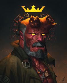 a man with a crown on his head and an evil look at the camera, in front of a dark background