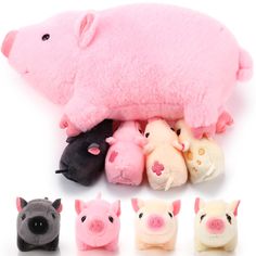 several stuffed animals are shown in front of a pink pig