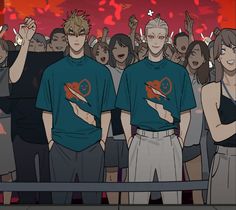 two anime characters are standing in front of a group of people with their hands up