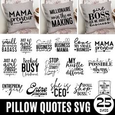 pillows that say pillow quotes svg and the words below them are in different font styles