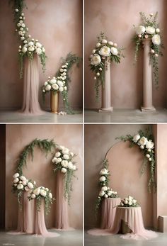 four different shots of the same flower arrangement on a wall and in front of an arch