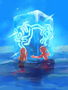 two people are in the water near an ice block that looks like it's floating