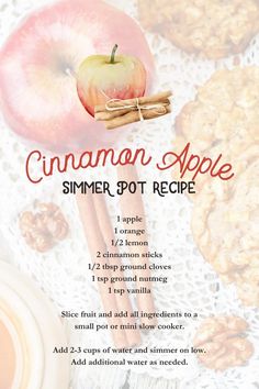 the recipe for cinnamon apple summer pot recipe is shown with apples, cinnamon sticks and an apple