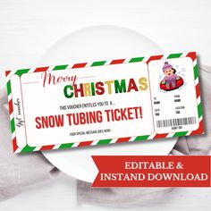 a christmas ticket sitting on top of a white plate