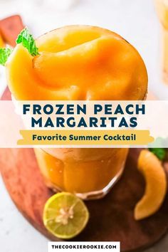 frozen peach margaritas with lime and mint garnish on a wooden platter