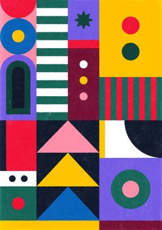 an abstract painting with many different colors and shapes, including circles, rectangles