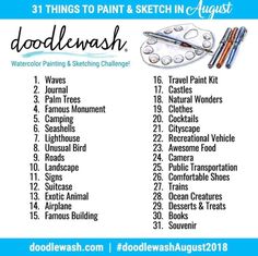 a poster with the words doodlewash written in black and white, along with an image of watercolor painting and sketching challenge