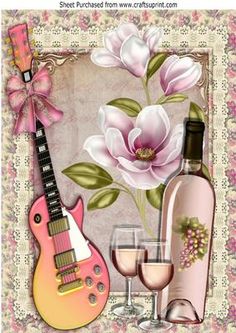 there is a pink guitar, wine glass and bottle on the table with flowers in it