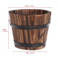 a large wooden bucket with metal straps on the bottom and sides, measurements for each basket