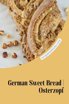 german sweet bread osterzopf with nuts on the side and text overlay