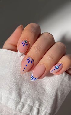 Mal Ojo Nails, Greek Inspired Nail Art, Copenhagen Nails, Greek Nails Designs, Greece Nail Ideas, Mama Mia Nails, Greek Nails, Greece Nails, Trendy Classy Nails