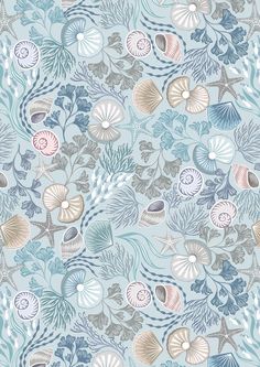 an ocean themed wallpaper with seashells and plants on blue, green, gray and white colors