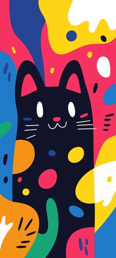 a black cat is surrounded by colorful shapes