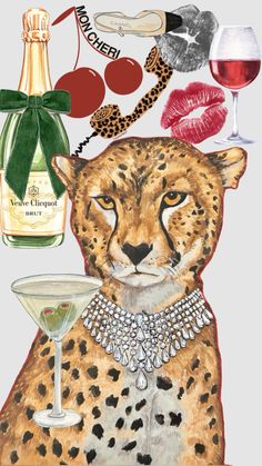 a painting of a cheetah holding a martini glass and wine bottle with lipstick on it