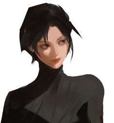 a woman with black hair and dark clothes