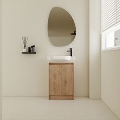 a bathroom with a sink, mirror and shelf