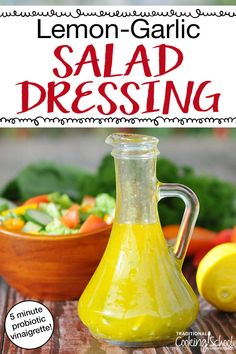 lemon garlic salad dressing in a glass bottle