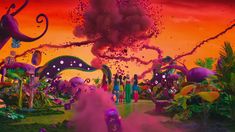 an animated scene with people standing in front of colorful clouds and animals, while the sun sets