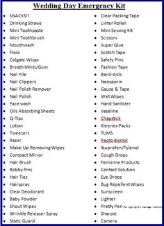 the wedding day emergency kit is shown in this blue and white printable list with instructions