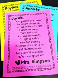 three pink and blue cards with the words, i'm so glad to your teacher