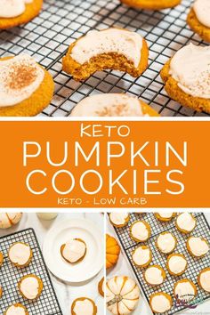 keto pumpkin cookies with white frosting on top