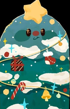 an illustration of a christmas tree with presents on it's side and stars in the sky