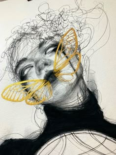 a drawing of a woman's face with yellow butterflies on her head and hair