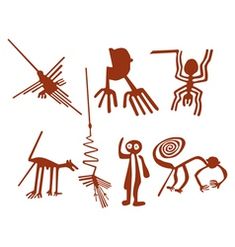 an image of some people and animals in the style of primitive art, including antelope