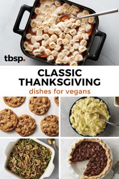 thanksgiving menu for vegans with images of pies, desserts and other foods