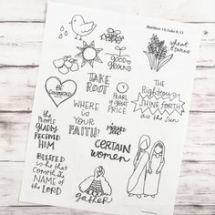 some stickers that are on top of a piece of paper with words and pictures