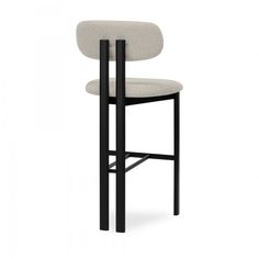 an upholstered bar stool with a black frame and beige fabric seat, viewed from the front