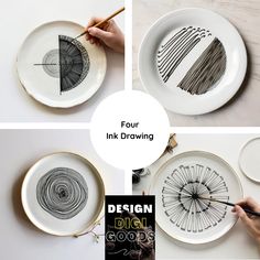 four pictures showing how to draw an ink drawing on a white plate with the words design doily good written in black